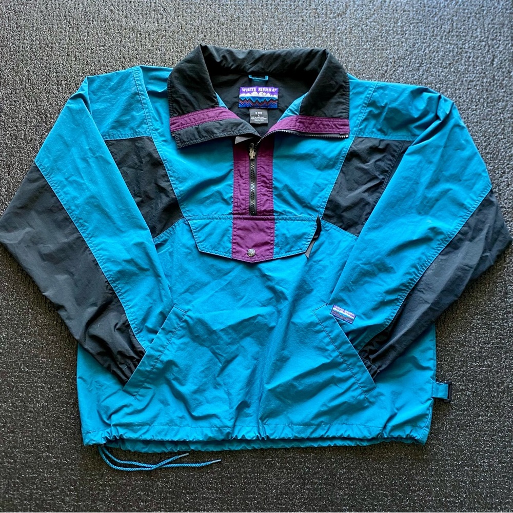 VTG 90s White Sierra Teal, Purple & Black Anorak Pullover Windbreaker Size Large